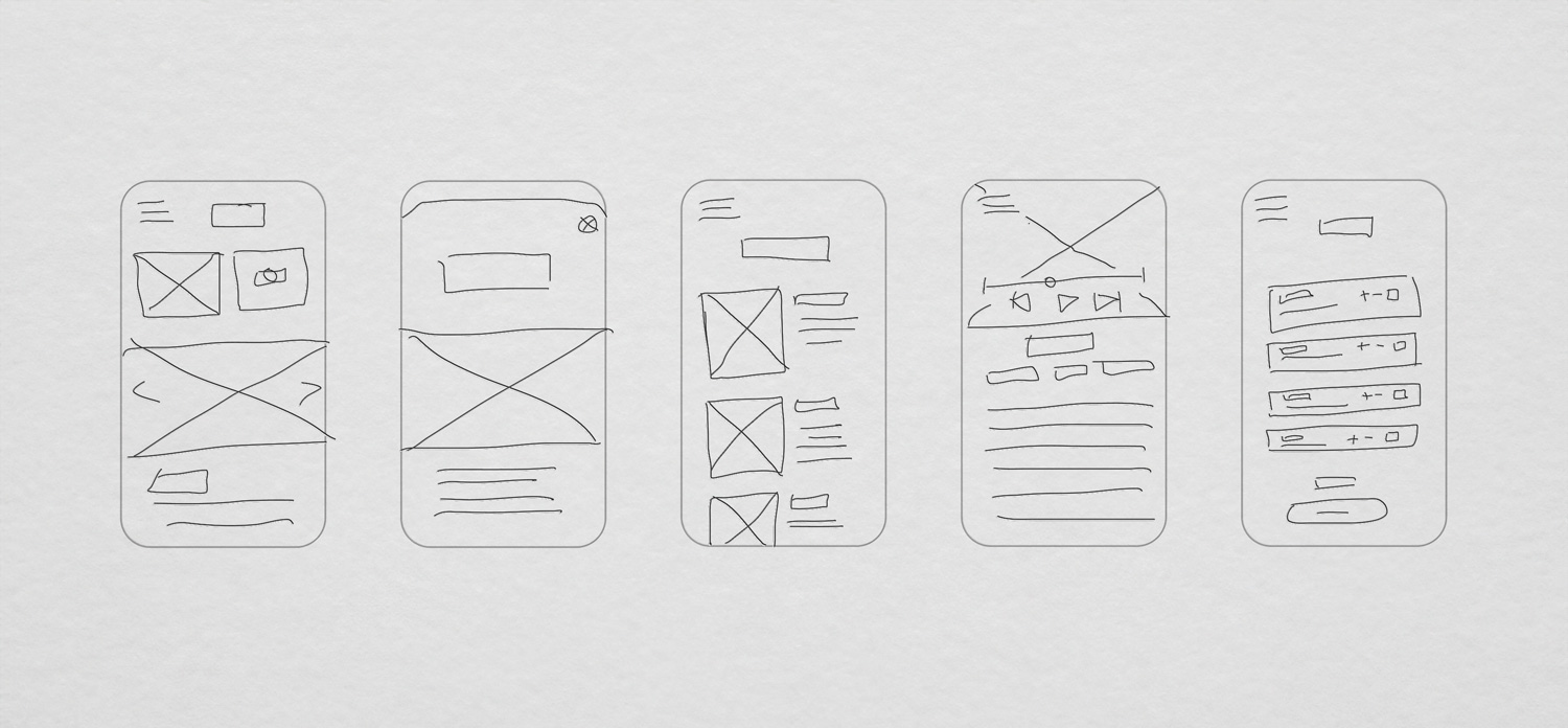 Sketches of five screens for the app.