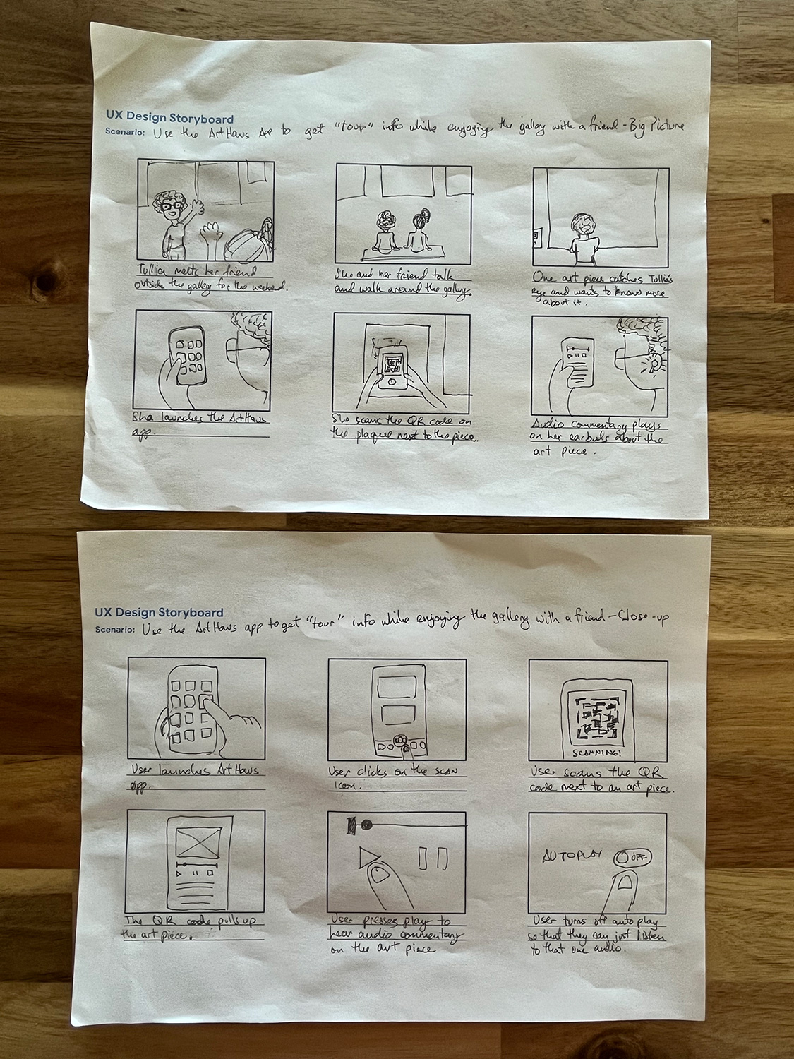 Storyboard of the user journey in a museum and a close-up storyboard of what the user does on the phone app.